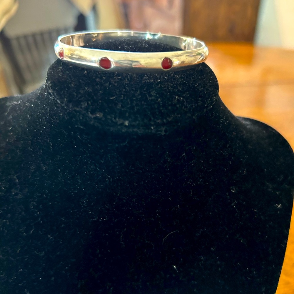 Sterling Silver Bangle 8 in with what I believe is red enamel dots marked AMHE